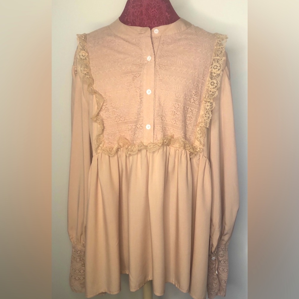 Sheilay long sleeve ruffle lace Bohemian prairie peasant top Tan Plus size 3X